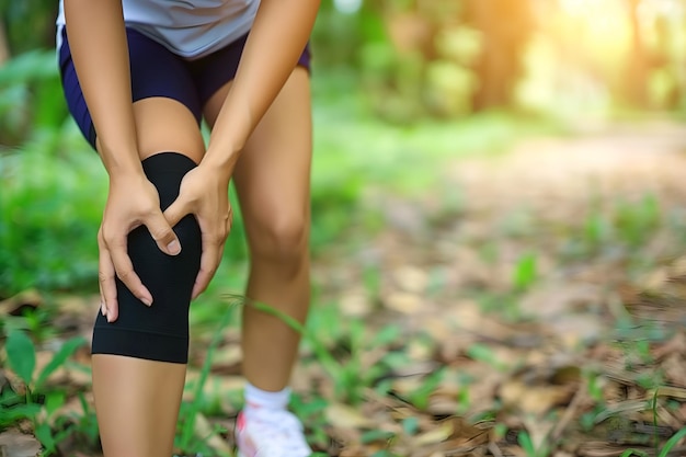 Dolor en la articulación de la rodilla en la deportista en el parque