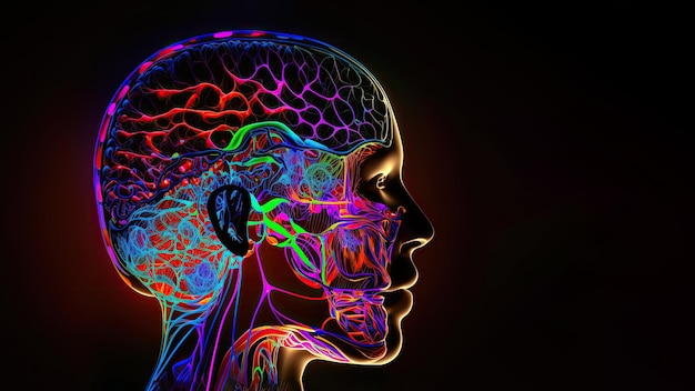 Foto dolor de cabeza en la cabeza humana neón cabeza brillante dolor cerebral en la cabeza humana con ilustración de estrés colorido