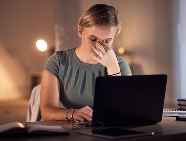 Dolor de cabeza por estrés laboral y trabajo en la computadora por la noche en una oficina con fecha límite para el informe del proyecto Trabajar con ansiedad oscura y agotamiento de un trabajador corporativo con un problema de computadora portátil y fatiga