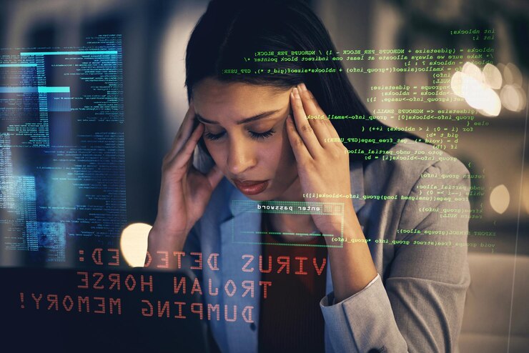 Foto dolor de cabeza por estrés y programador con depresión recibe un virus de ataque de seguridad cibernética o falla ansiedad mujer de negocios cansada y triste o trabajadora en iot y grandes datos pirateados por un hacker en el trabajo