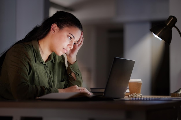 Dolor de cabeza mujer con computadora portátil por la noche y fallo de agotamiento o 404 con estrés corporativo y fatiga dolor y crisis mujer joven que trabaja tarde plazo y migraña con ansiedad y salud mental