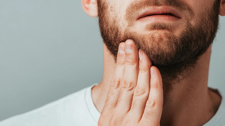 Dolor de dientes agudo insoportable Persona que se agarra a la mandíbula con dolor con espacio para copiar texto
