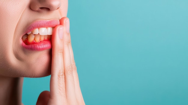 El dolor de dientes insoportable de primer plano con la mano en la mejilla Copiar espacio para el texto