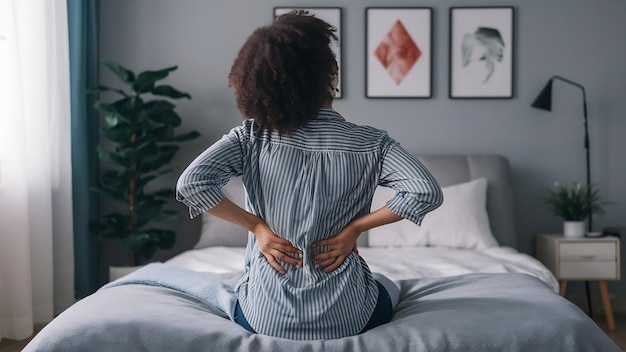 Foto dolor de espalda mujer que se despierta persona enferma con dolor de espalda en la columna vertebral