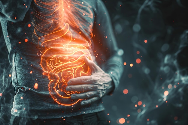 Dolor de estómago VFX Dolor Animación de realidad aumentada Masajear el estómago para aliviar el dolor Persona que experimenta incomodidad como resultado de dolor de estómaga