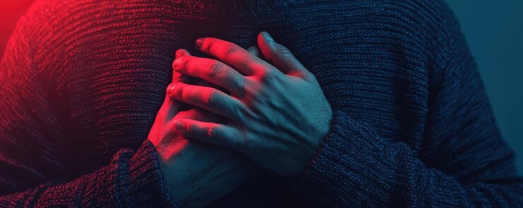 Dolor intensivo en el pecho Persona que se agarra al pecho en agonía con espacio de copia para conceptos médicos o de salud