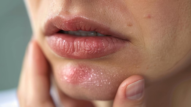 Foto dolor y picazón en las esquinas de los labios de la boca de una niña convulsiones en la piel derma bacteriana