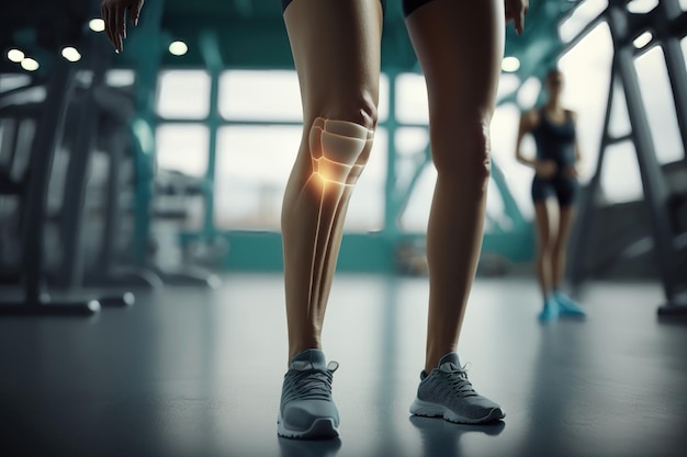 Foto dolor en las piernas y las rodillas de las mujeres después de hacer ejercicio en el gimnasio tratamiento de lesiones en las articulaciones y las piernas generación ai