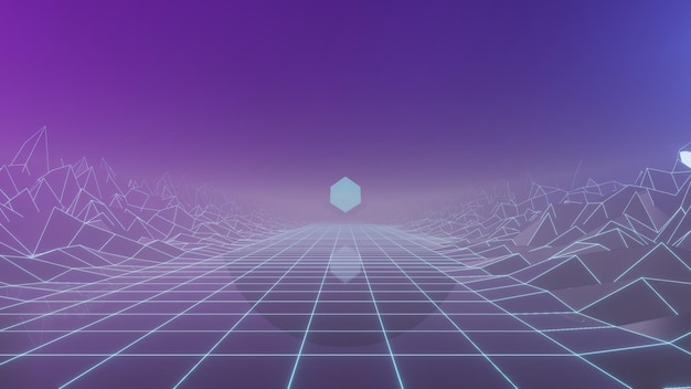 Dominada por una paleta de colores de neón, la escena presenta un entorno surrealista con una luz cúbica peculiar como punto focal. El paisaje de wireframe encarna la estética clásica de los años 80 que combina lo digital.