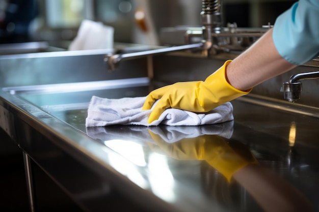 Foto dominando a arte da higiene da cozinha mãos enluvadas faça a limpeza de primavera em um sanitário de aço inoxidável