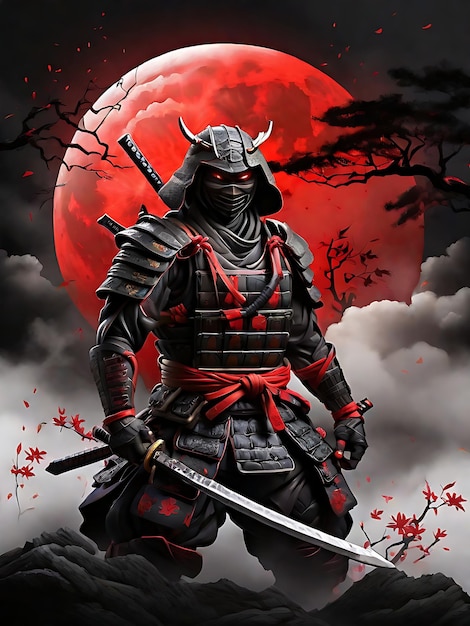 Dominando a arte da ilustração da lua vermelha do Samurai Ninja com um toque misterioso