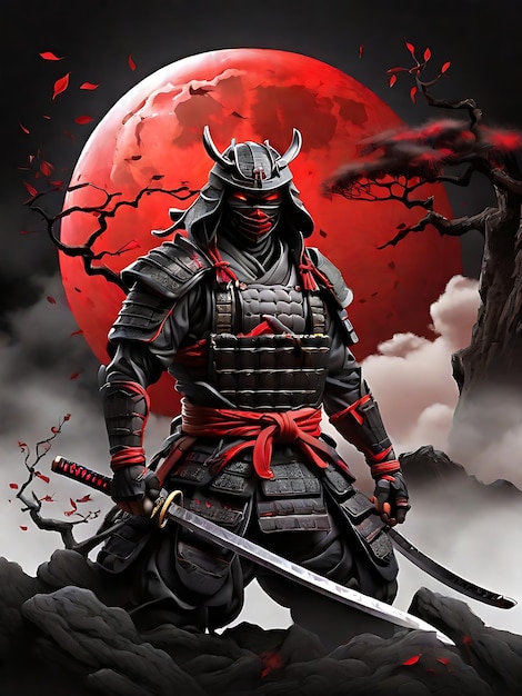 Foto dominando a arte da ilustração da lua vermelha do samurai ninja com um toque misterioso