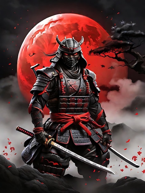 Dominando el arte de la ilustración Ninja Samurai Red Moon con un toque misterioso