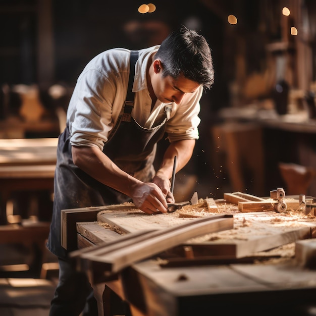 Dominando la artesanía El hombre en el trabajo Exhibiendo hábil trabajo manual