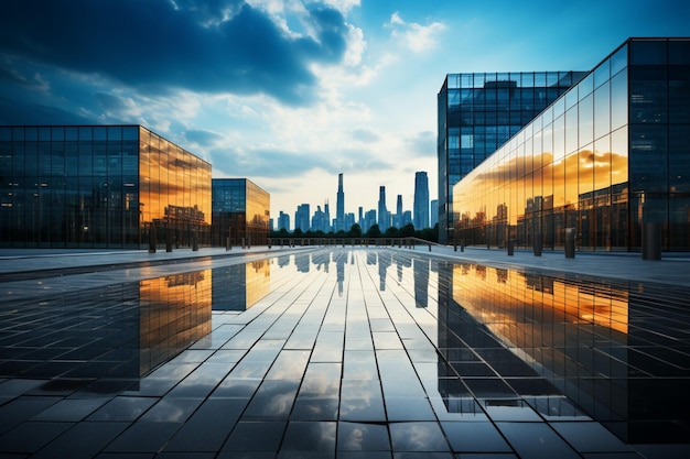 Dominando el horizonte un extenso edificio de oficinas moderno define la elegancia urbana y la eficiencia