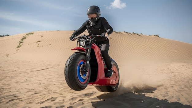 Dominar o calor do deserto Caminhante destemido em bicicleta aérea avançada conquista as dunas de areia Conceito Aventura no deserto Esportes extremos Caminhando de bicicleta aérea Experiência emocionante