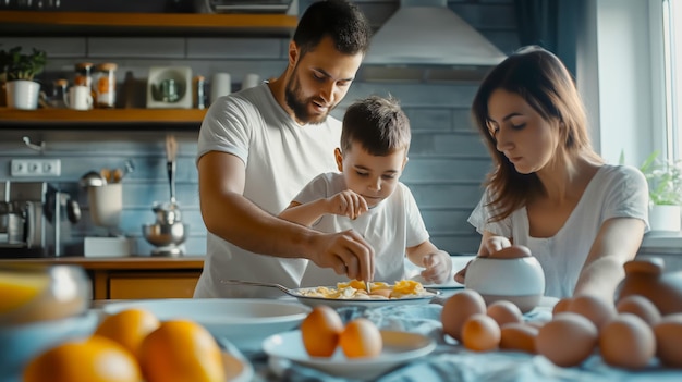 El domingo por la mañana, una feliz familia estadounidense, padre, madre e hijo preparando una tortilla de huevo de dieta saludable.