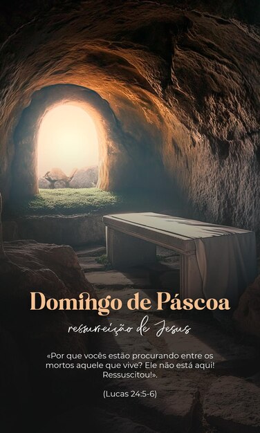 Domingo de Pascua Resurrección de Jesucristo en la Semana Santa Él ha resucitado Tumba vacía en portugués