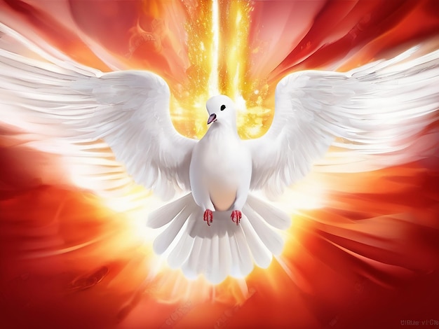 Foto domingo pombos brancos voando em fundo de fogo símbolo do espírito santo descendo sobre o apo
