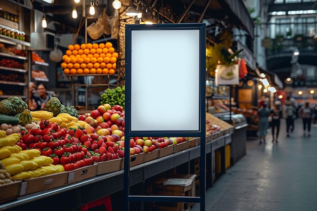 Domínio de marketing O cenário desfocado do mercado de alimentos aprimora o pôster simulado