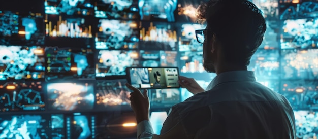 Dominio del marketing digital Empresario que utiliza una interfaz moderna
