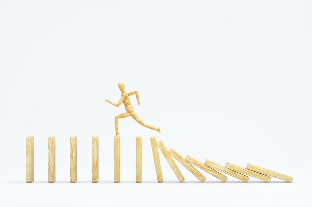 Domino-Prinzip Domino-Konzept Eine Mannpuppe rennt über fallende Domino-Fliesen eine Metapher für das Rattenrennen Leben 3D-Illustration 3D-Rendering
