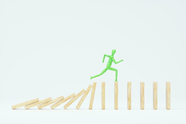 Domino-Prinzip Domino-Konzept Eine Mannpuppe rennt über fallende Domino-Fliesen eine Metapher für das Rattenrennen Leben 3D-Illustration 3D-Rendering