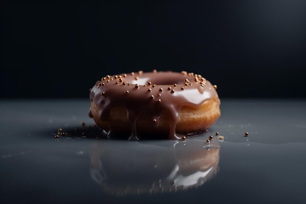 Una dona de chocolate con chispitas sobre una mesa