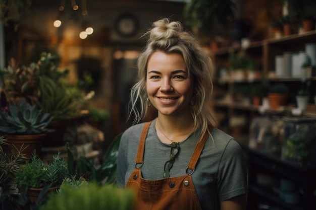 Dona de pequenas empresas femininas no interior de uma floricultura IA generativa