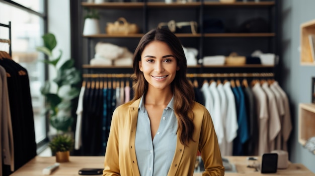 Dona de uma loja de roupas linda mulher parada em sua loja para vender roupas aos clientes Inicialização de pequenas empresas PME