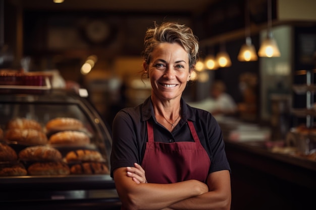 dona de uma padaria sênior sorrindo para a câmera na frente de uma câmera