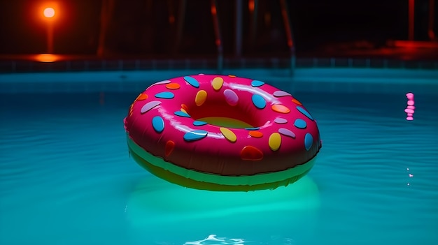 Una dona flotando en una piscina con una piscina al fondo.