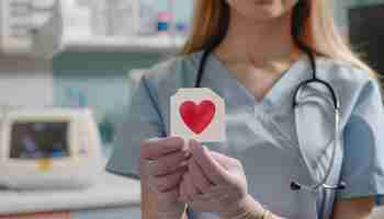 Foto donante de sangre con parche médico y corazón de papel en la clínica