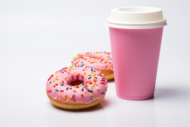 Donas dulces con salpicaduras y taza de papel de bebida sobre fondo blanco