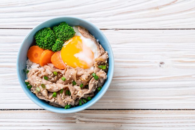 donburi, tazón de arroz de cerdo con huevo y verduras onsen