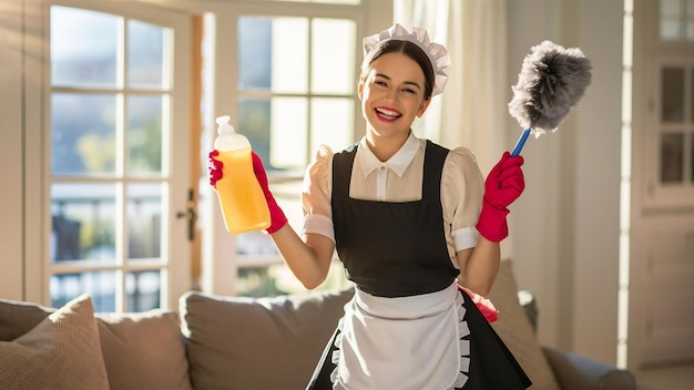 La doncella con el detergente y el polvo sonriendo