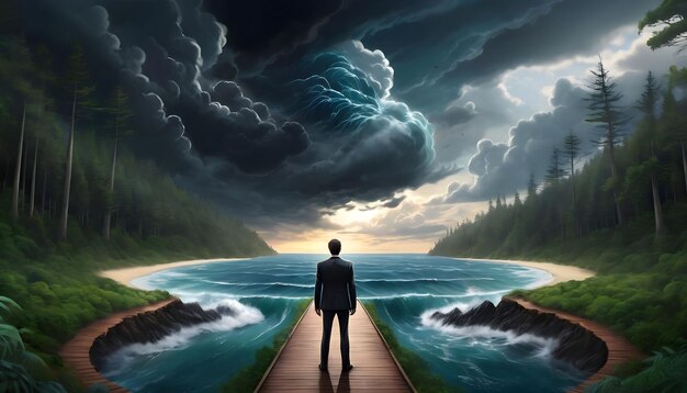 Dondequiera que el camino lleva un hombre de negocios de pie en el mundo mundo de un lado mostrando un océano
