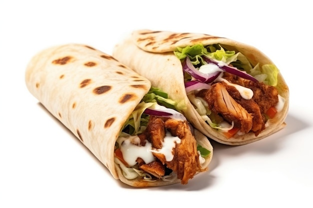 Doner kebab carne a la parrilla y verduras envueltas en lavash Shawarma o Doner con rollito de pollo sobre un fondo blanco aislado AI generado