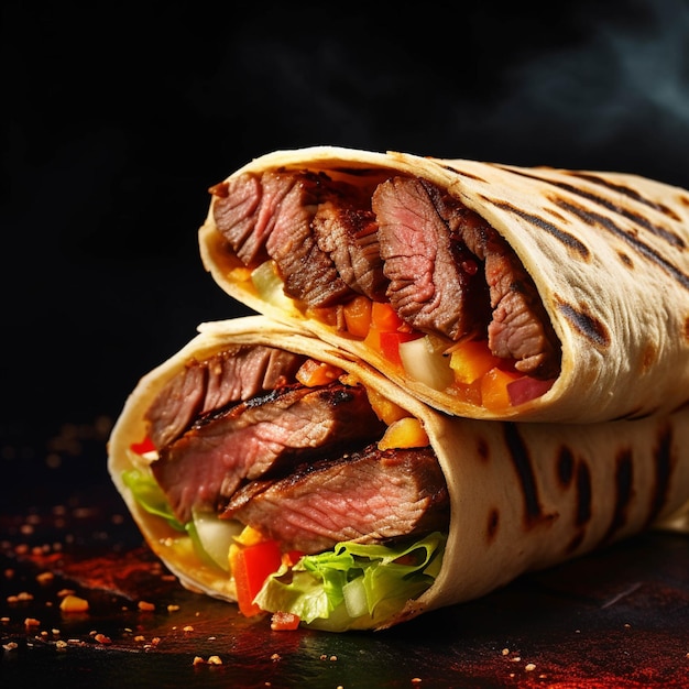 Doner kebab com carne e legumes em um fundo preto