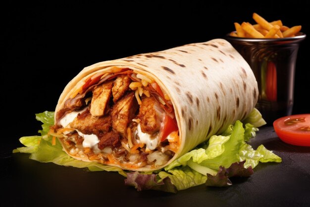 Doner kebab con pollo y verduras sobre un fondo negro Shawarma o Doner con rollo de pollo sobre un fondo blanco aislado AI Generado