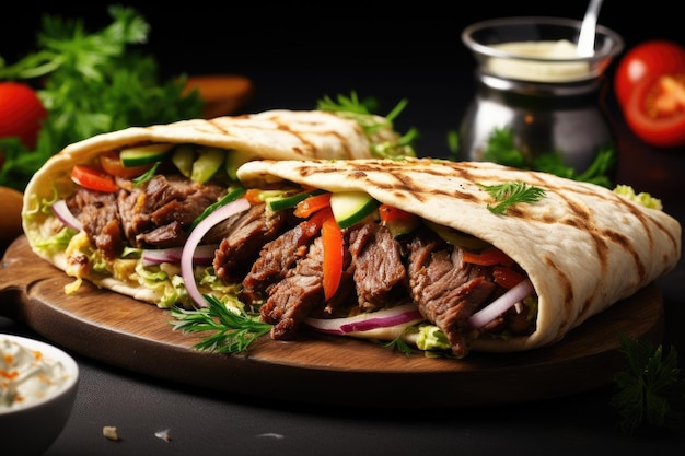 Doner kebab turco y árabe en un plato Concepto de dieta rica en proteínas en un restaurante turco o de Oriente Medio