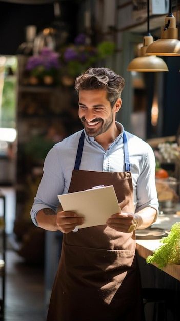 dono de um café sorridente com um colega lendo um menu em uma cafeteria