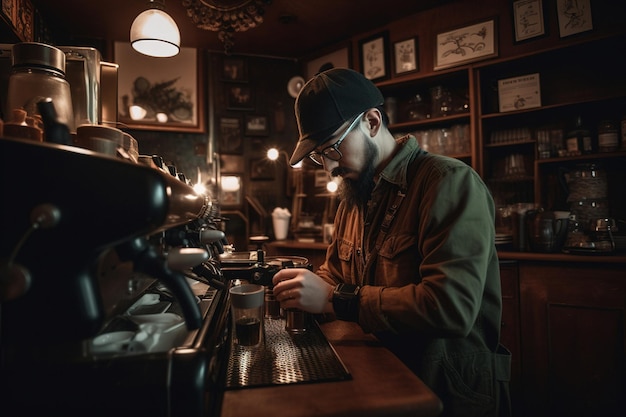 Dono de uma cafeteria operando uma máquina de café expresso vintage ai generativa