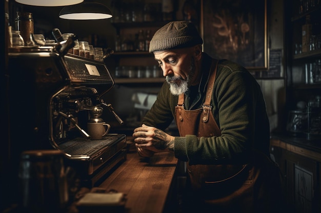 Dono de uma cafeteria operando uma máquina de café expresso vintage ai generativa