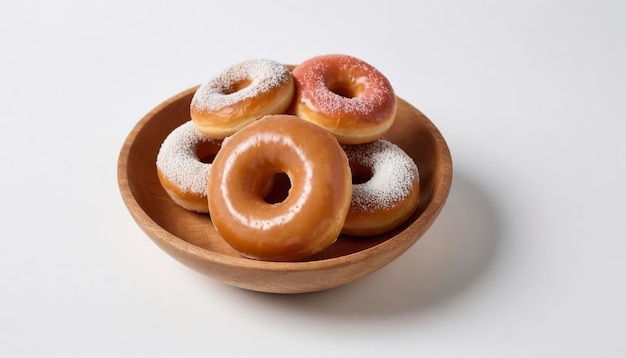 Donut de anillo de azúcar pequeño con cuenco de madera aislado sobre un fondo blanco