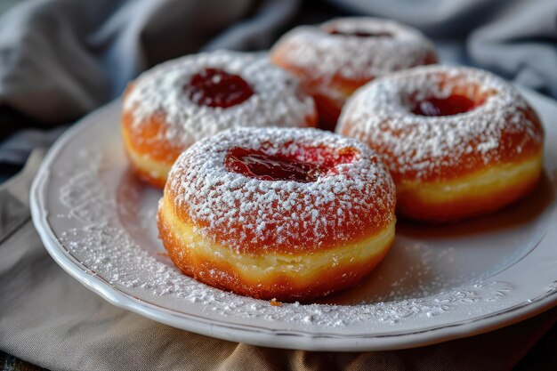 Donut berliner en plato blanco Sufgania con azúcar en polvo y mermelada