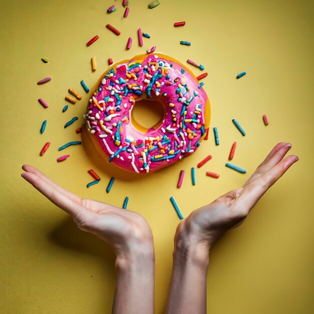 Donut cai entre as mãos no fundo de papel amarelo brilhante Donuts entrega dieta conceito de açúcar Mãos femininas e donut vitrificado com granulado voando no ar vertical criativo ainda vida