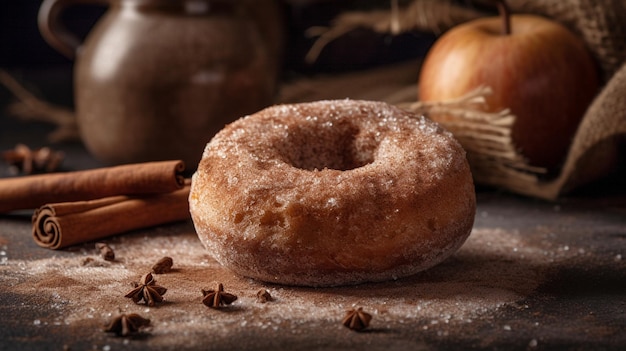 Un donut con canela en una mesa junto a otros palitos de canela y un palito de canela.