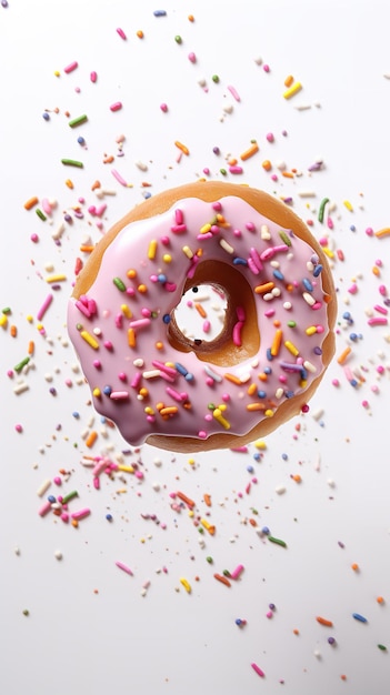 Donut cayendo con salpicaduras salpicando en un fondo blanco IA generativa