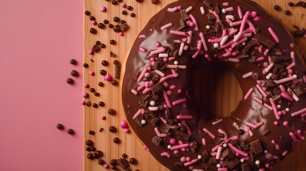 Un donut con chispas y un fondo rosa.